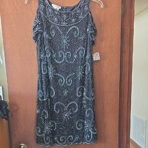NWOT Prelude Beaded Black Cold-Shoulder Midi Dress with Silver Embroidery